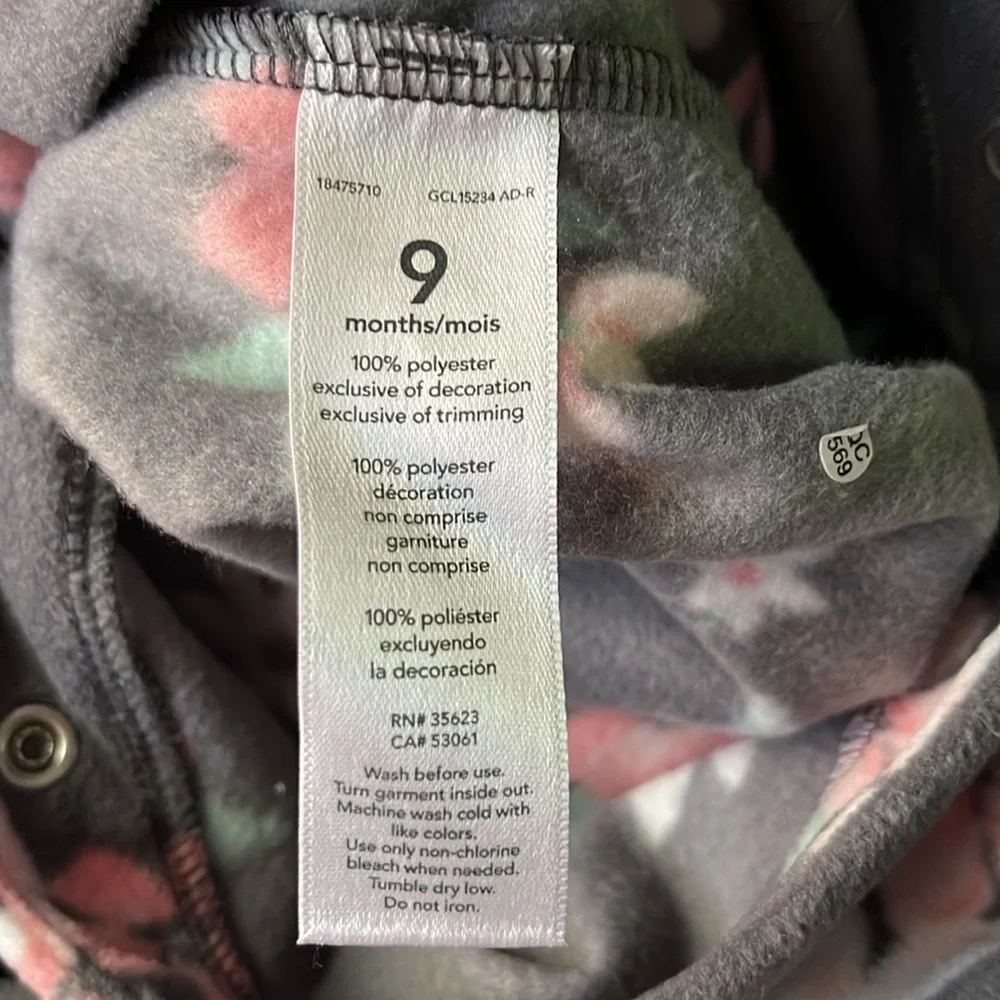 Carter's Baby Cozy Pajamas, Dark Grey with Pink & Coral Flower Print, Sz 9 Month